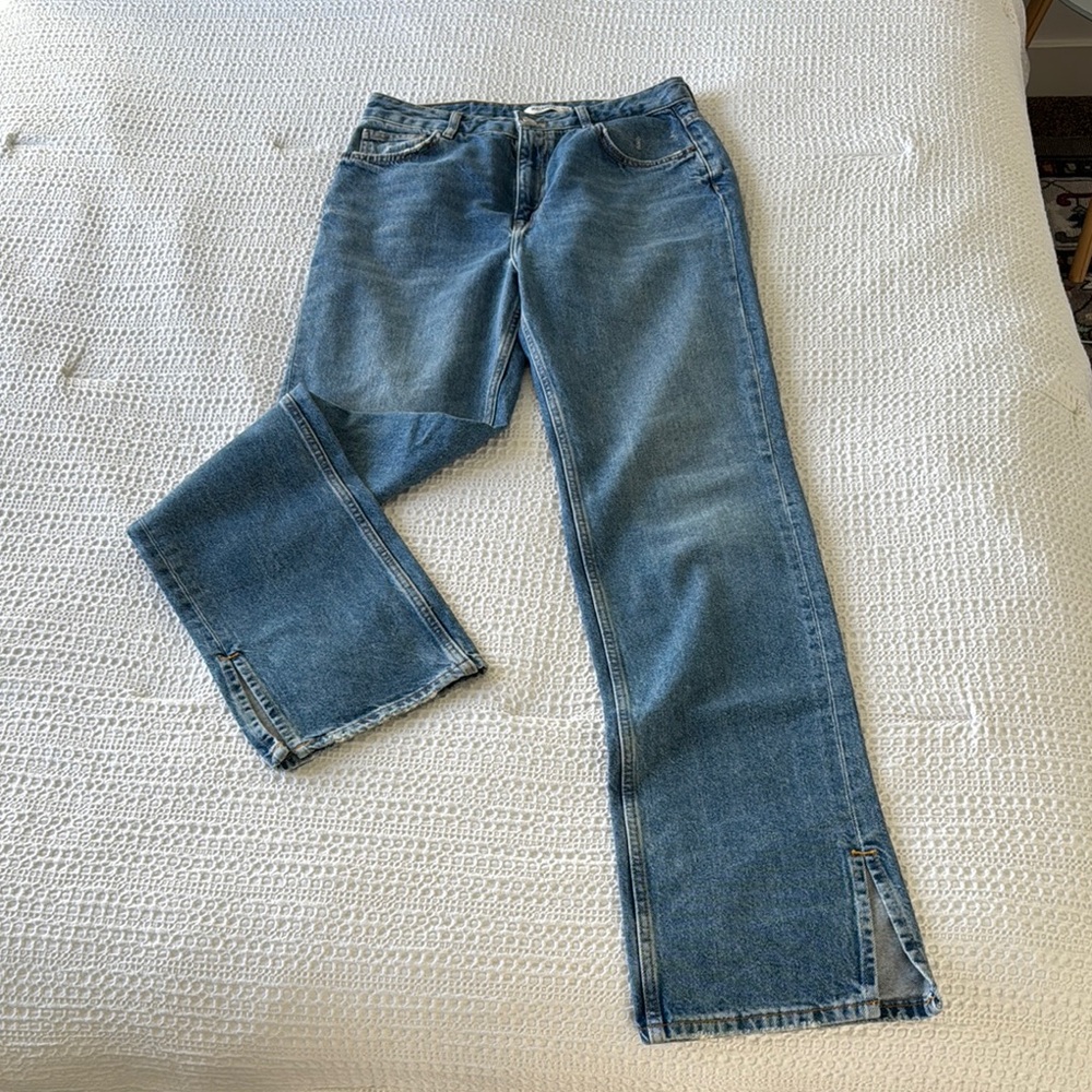 Pull & Bear denim, split hem jeans, size 8 tall;Classic Blue Denim Jeans